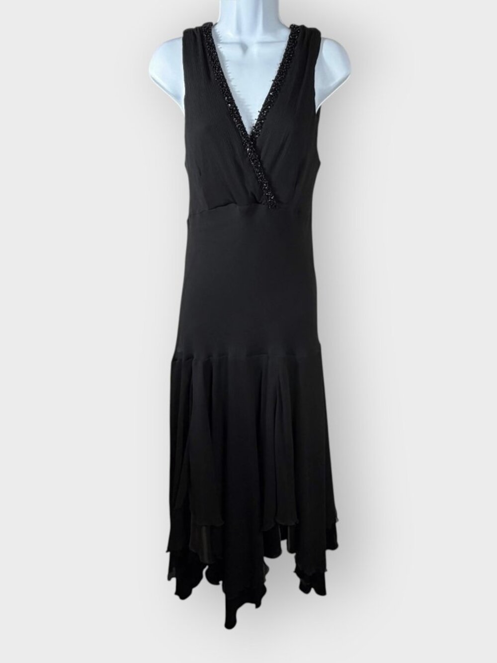 Vintage Y2K Black Chiffon Beaded Drop Waist Dress Asymmetric Hem Witchy Size 12